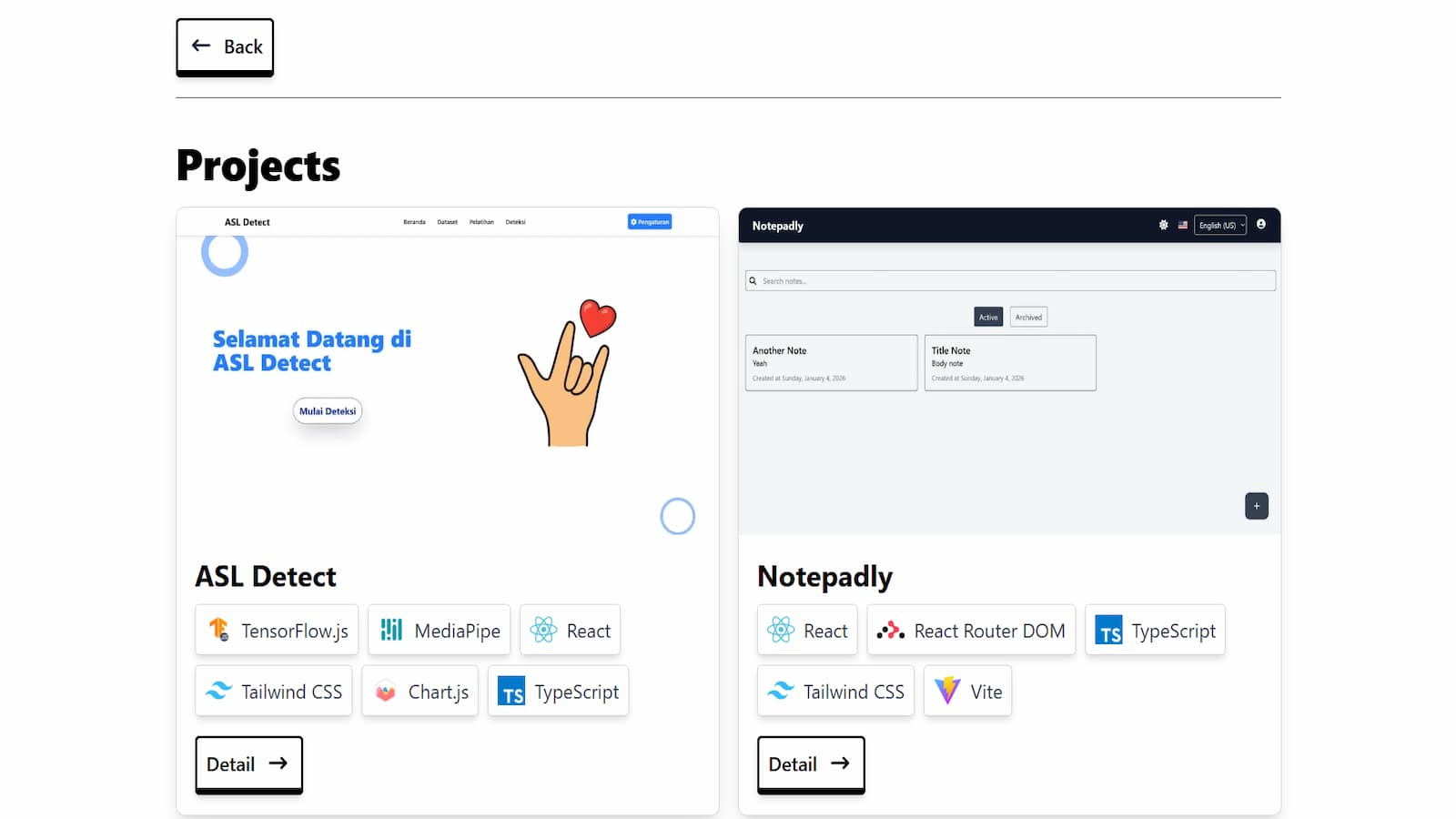 Projects page